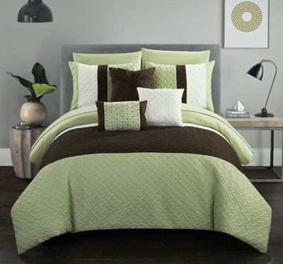 Chic Home Design Arza 10 Piece Comforter Set Color Block Quilted Embroidered Design Bed In A Bag Bed In Green