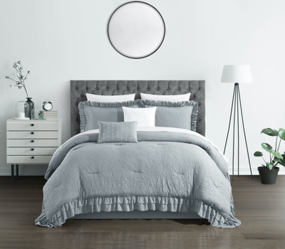 Chic Home Design Kaci 7 Piece Comforter Set Washed Crinkle Ruffled Flange Border Design Bed In A Bag In Gray