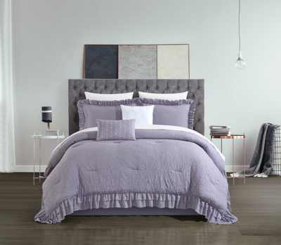 Chic Home Design Kaci 7 Piece Comforter Set Washed Crinkle Ruffled Flange Border Design Bed In A Bag In Purple