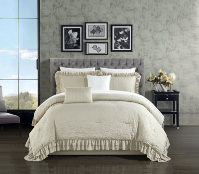 Chic Home Design Kaci 7 Piece Comforter Set Washed Crinkle Ruffled Flange Border Design Bed In A Bag In Brown