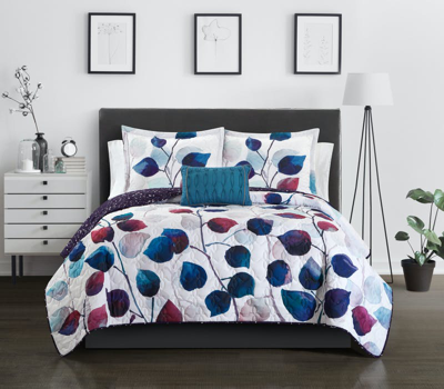 Chic Home Design Alecto 6 Piece Reversible Quilt Set Contemporary Watercolor Floral Theme Design Bed In Blue
