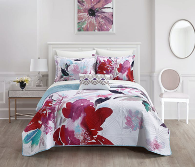 Chic Home Design Henrietta 4 Piece Reversible Quilt Set Floral Watercolor Design Bedding In White