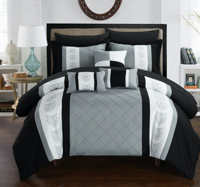 Chic Home Design Dalton 8 Piece Comforter Set Pintuck Pieced Block Embroidery Bed In A Bag In Grey