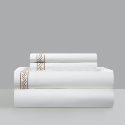 Chic Home Design Arden 4 Piece Organic Cotton Sheet Set Solid White With Dual Stripe Embroidery Zig- In Brown