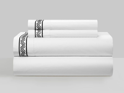 Chic Home Design Arden 4 Piece Organic Cotton Sheet Set Solid White With Dual Stripe Embroidery Zig- In Black