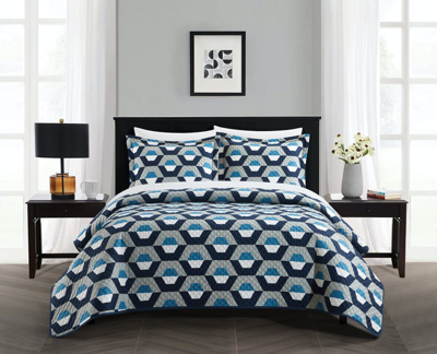 Chic Home Design Arthur 5 Piece Quilt Set Contemporary Geometric Hexagon Pattern Print Design Bed In In Blue