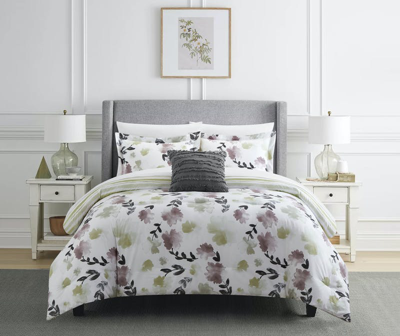 Chic Home Design Devon Green 3 Piece Comforter Set Reversible Watercolor Floral Print Striped Patter