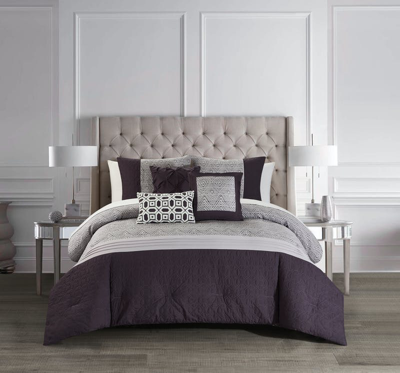 Chic Home Design Imani 10 Piece Comforter Set Jacquard Geometric Diamond Pattern Color Block Design  In Purple