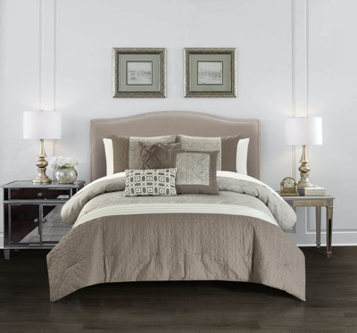 Chic Home Design Imani 10 Piece Comforter Set Jacquard Geometric Diamond Pattern Color Block Design  In Brown