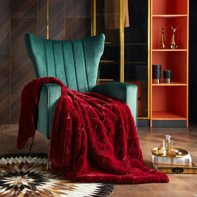 Chic Home Design Claris Throw Blanket Jacquard Faux Rabbit Fur Micromink Backing Design In Red