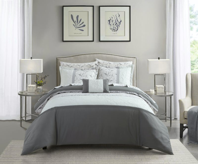Chic Home Design Ava 8 Piece Comforter Set Color Block Floral Pleated Stitching Print Details Design In Grey