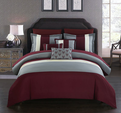 Chic Home Design Hester 8 Piece Comforter Set Color Block Ruffled Bed In A Bag Bedding In Red