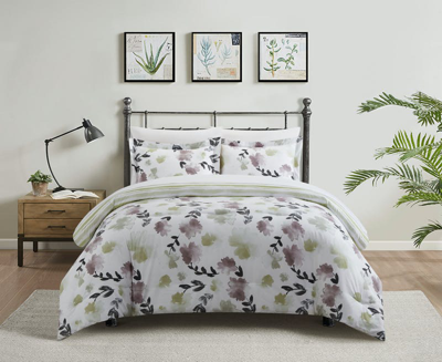 Chic Home Design Everly Green 2 Piece Duvet Cover Set Reversible Watercolor Floral Print Striped Pat In Neutral