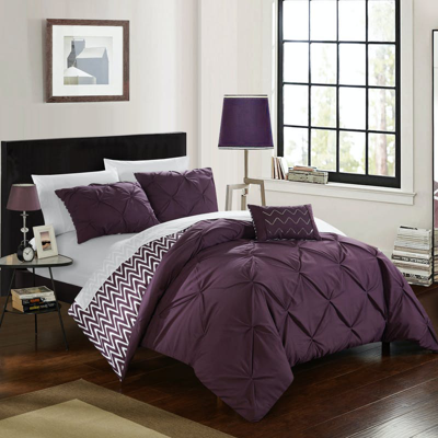 Chic Home Design Erin 4 Piece Reversible Comforter Pinch Pleat Ruffled Design Geometric Chevron Patt In Purple
