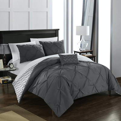 Chic Home Design Erin 4 Piece Reversible Comforter Pinch Pleat Ruffled Design Geometric Chevron Patt In Grey
