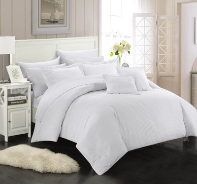 Chic Home Design Keynes 8 Piece Comforter Striped Embossed Down Alternative Jacquard Bed In A Bag Be In White