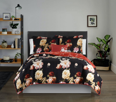 Chic Home Design Euphemia 8 Piece Reversible Quilt Set Floral Print Cursive Script Design Bed In A B In Black