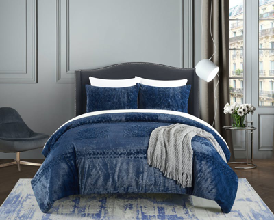 Chic Home Design Amara 7 Piece Comforter Set Embossed Mandala Pattern Faux Fur Micromink Backing Bed In Blue