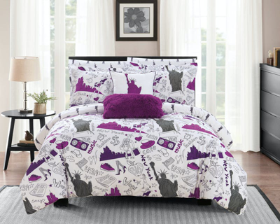 Chic Home Design Liberty 9 Piece Reversible Comforter Set New York Inspired Printed Design Bed In A  In Purple