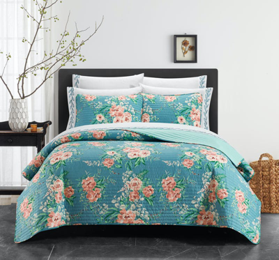 Chic Home Design Carlotta 6 Piece Quilt Set Watercolor Floral Pattern Print Bed In A Bag In Blue