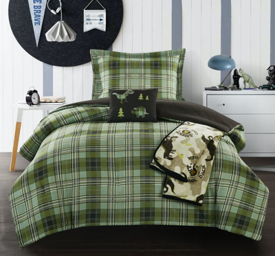 Chic Home Design Garb 4 Piece Comforter Set Stitched Patchwork Plaid Dinosaur Theme Youth Design Bed In Green