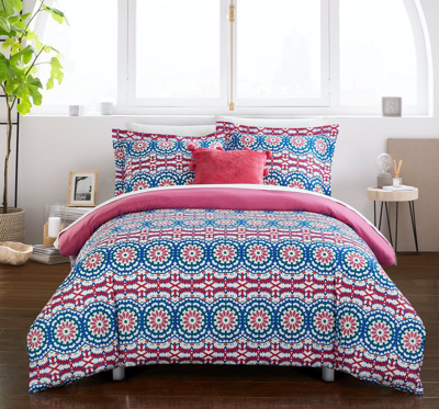 Chic Home Design Chiko 6 Piece Reversible Duvet Cover Set Bohemian Inspired Geometric Pattern Print  In Pink