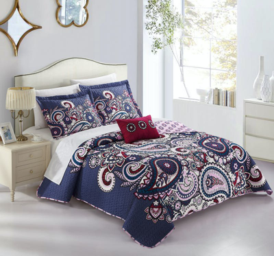 Chic Home Design Gaara 8 Piece Reversible Quilt Cover Set Boho Inspired Large Scale Paisley Print Wi In Blue
