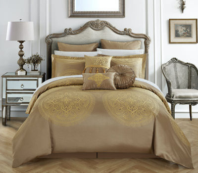Chic Home Design Adana 13 Piece Jacquard Comforter Set Large Scale Medallion Faux Silk Bed In A Bag  In Gold