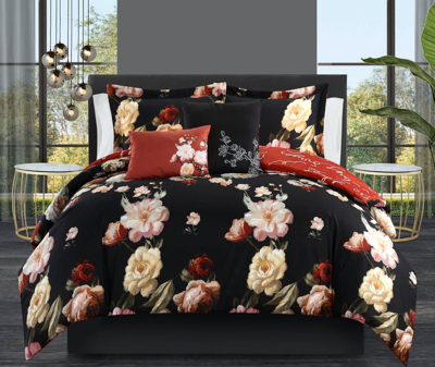 Chic Home Design Ethel 9 Piece Reversible Comforter Set Floral Print Cursive Script Design Bed In A  In Black