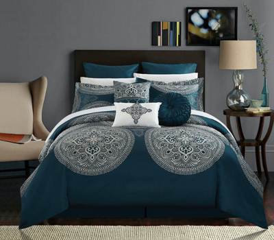 Chic Home Design Adana 9 Piece Jacquard Comforter Set Large Scale Medallion Faux Silk Bedding In Blue
