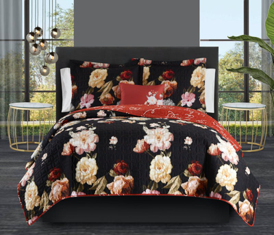Chic Home Design Edwina 6 Piece Reversible Quilt Set Floral Print Cursive Script Design Bed In A Bag In Black