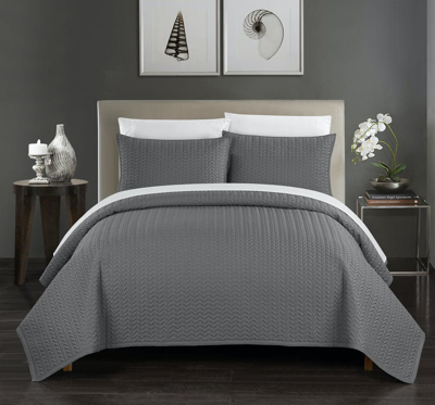 Chic Home Design Lapp 3 Piece Quilt Cover Set Geometric Chevron Quilted Bedding In Gray