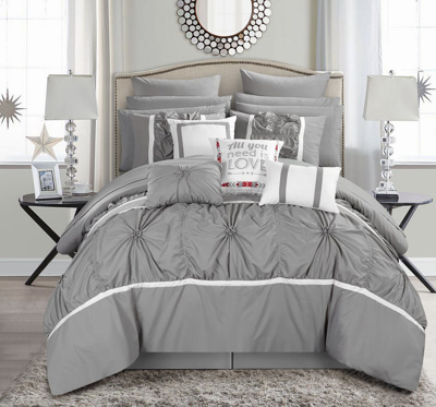 Chic Home Design Ashville 16 Piece Comforter Complete Bed In A Bag Floral Pinch Pleated Ruffled Desi In Gray