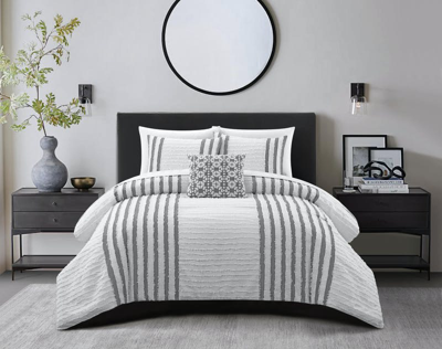 Chic Home Design Sofia 4 Piece Cotton Comforter Set Clip Jacquard Striped Pattern Design Bedding In Gray