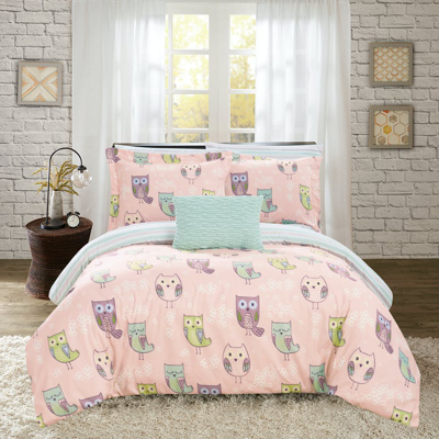 Chic Home Design Horned 8 Piece Reversible Comforter Set Cute It's A Hoot Owl Friends Youth Design B In Pink