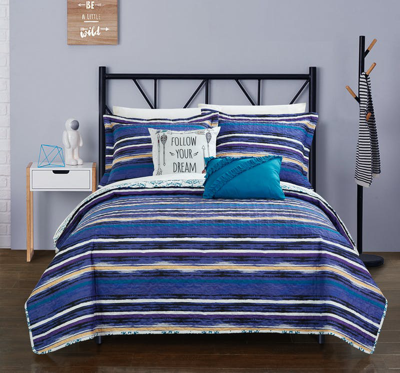Chic Home Design Kammi 4 Piece Reversible Quilt Cover Set Bohemian Inspired Striped Ikat Print In Blue