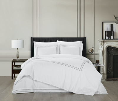 Chic Home Design Alexander 3 Piece Cotton Duvet Cover Set Solid White With Dual Stripe Embroidered H In Gray