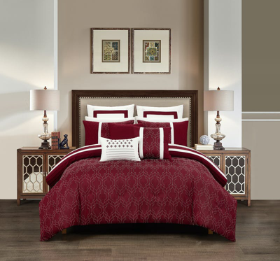 Chic Home Design Arlow 12 Piece Comforter Set Jacquard Geometric Quilted Pattern Design Bed In A Bag In Red