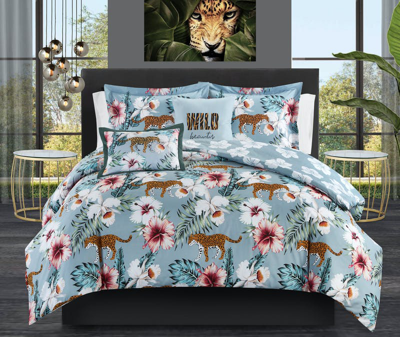 Chic Home Design Myrina 7 Piece Reversible Comforter Set Tropical Floral Leopard Print Bed In A Bag In Blue