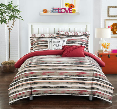 Chic Home Design Marisol 9 Piece Reversible Comforter Set Bed In A Bag Contemporary Striped Ikat Pat In Red