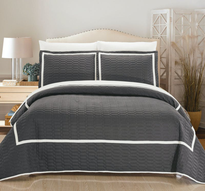 Chic Home Design Marla 3 Piece Quilt Cover Set Hotel Collection Two Tone Banded Geometric Embroidere In Gray