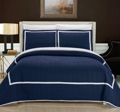 Chic Home Design Marla 3 Piece Quilt Cover Set Hotel Collection Two Tone Banded Geometric Embroidere In Blue