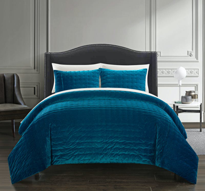 Chic Home Design Cynna 3 Piece Comforter Set Luxurious Hand Stitched Velvet Bedding In Blue