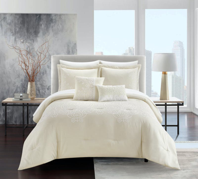 Chic Home Design Gigi 9 Piece Comforter Set Scroll Embroidered Bedding In White