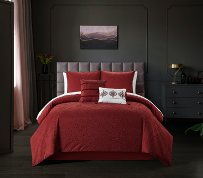 Chic Home Design Mya 9 Piece Comforter Set Embossed Medallion Scroll Pattern Design Bed In A Bag In Red