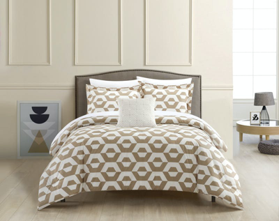 Chic Home Design Myles 4 Piece Comforter Set Contemporary Geometric Hexagon Pattern Print Design Bed In Brown