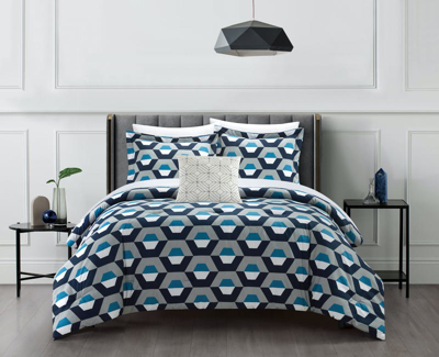 Chic Home Design Myles 4 Piece Comforter Set Contemporary Geometric Hexagon Pattern Print Design Bed In Blue