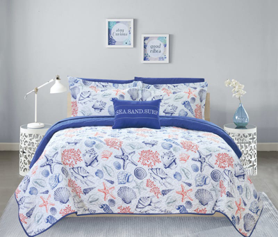 Chic Home Design Katriel 4 Piece Reversible Quilt Coverlet Set "sea, Sand, Surf" Theme Embossed Quil In Blue