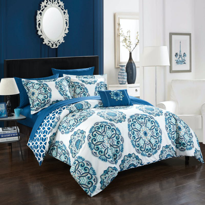 Chic Home Design Barcelona 8 Piece Reversible Comforter Set Super Soft Microfiber Large Printed Meda In Blue
