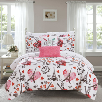Chic Home Design Marais 9 Piece Reversible Comforter Set "paris Is Love" Inspired Printed Design Bed In A Bag In Pink